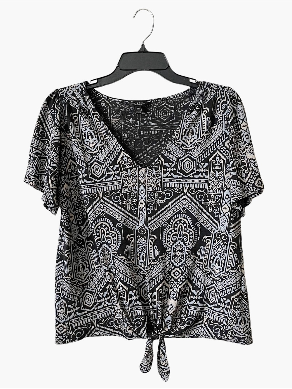 Lucky Brand Tie Front Top Women's Size S Black Aztec Print Short Sleeve Cotton T